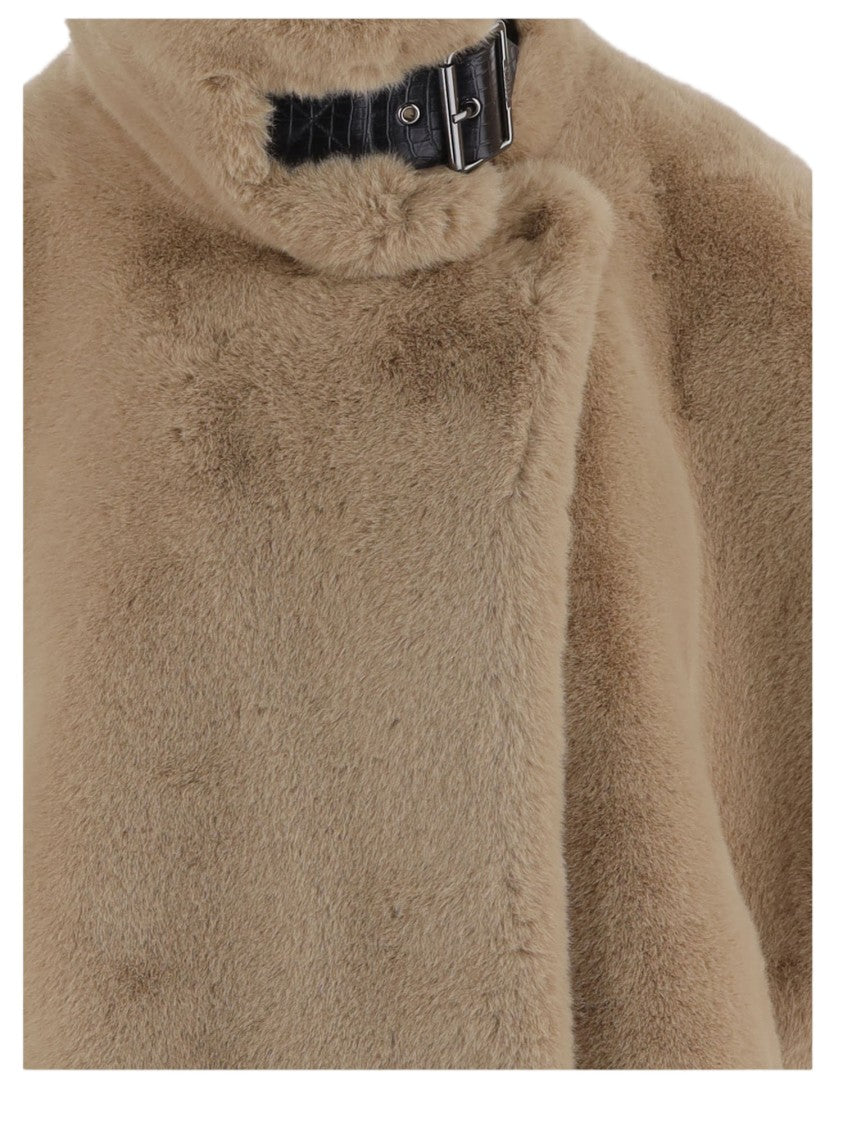 Pinko Short-Sleeved Plush Jacket With High Collar And Buckle Detail
