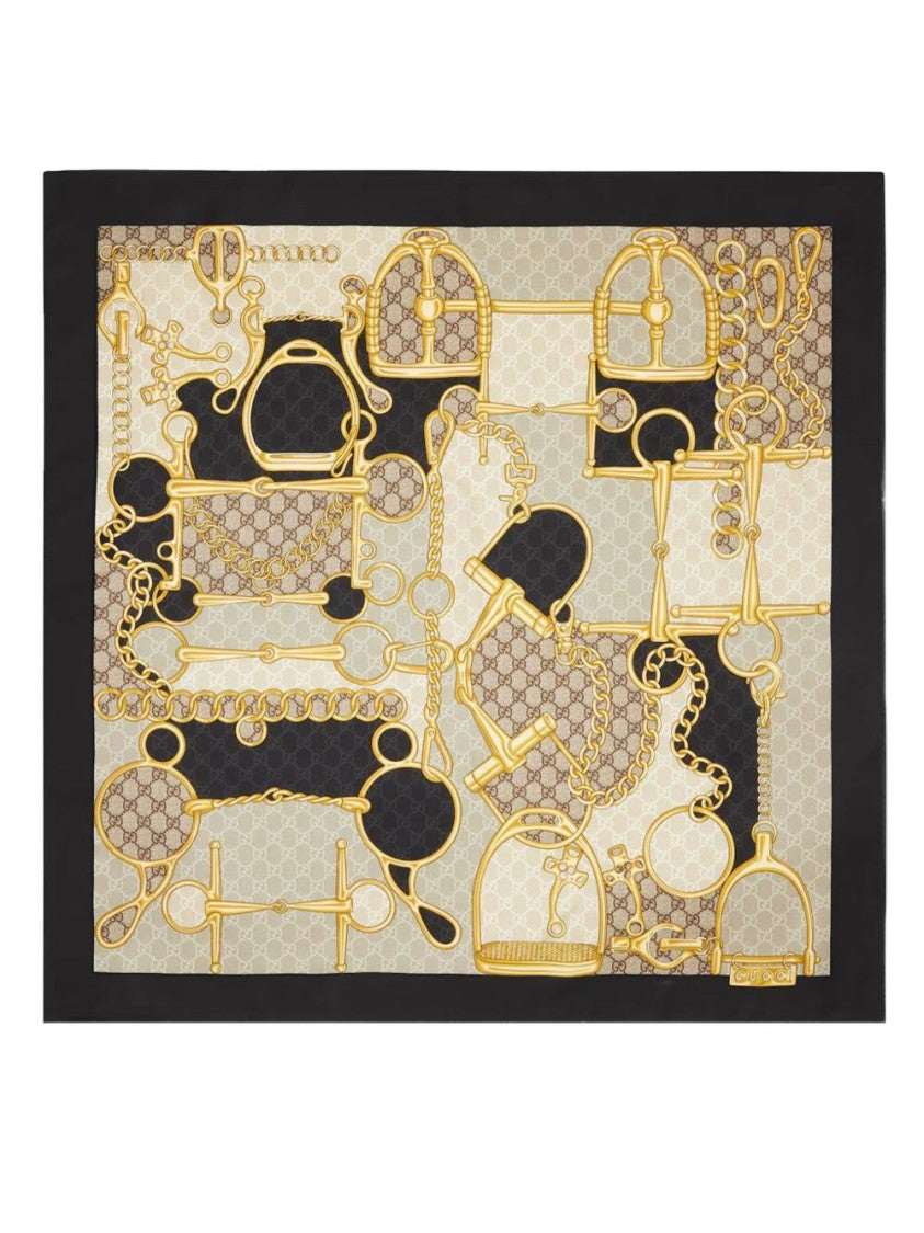 Gucci Black Silk Chain Pattern Scarf