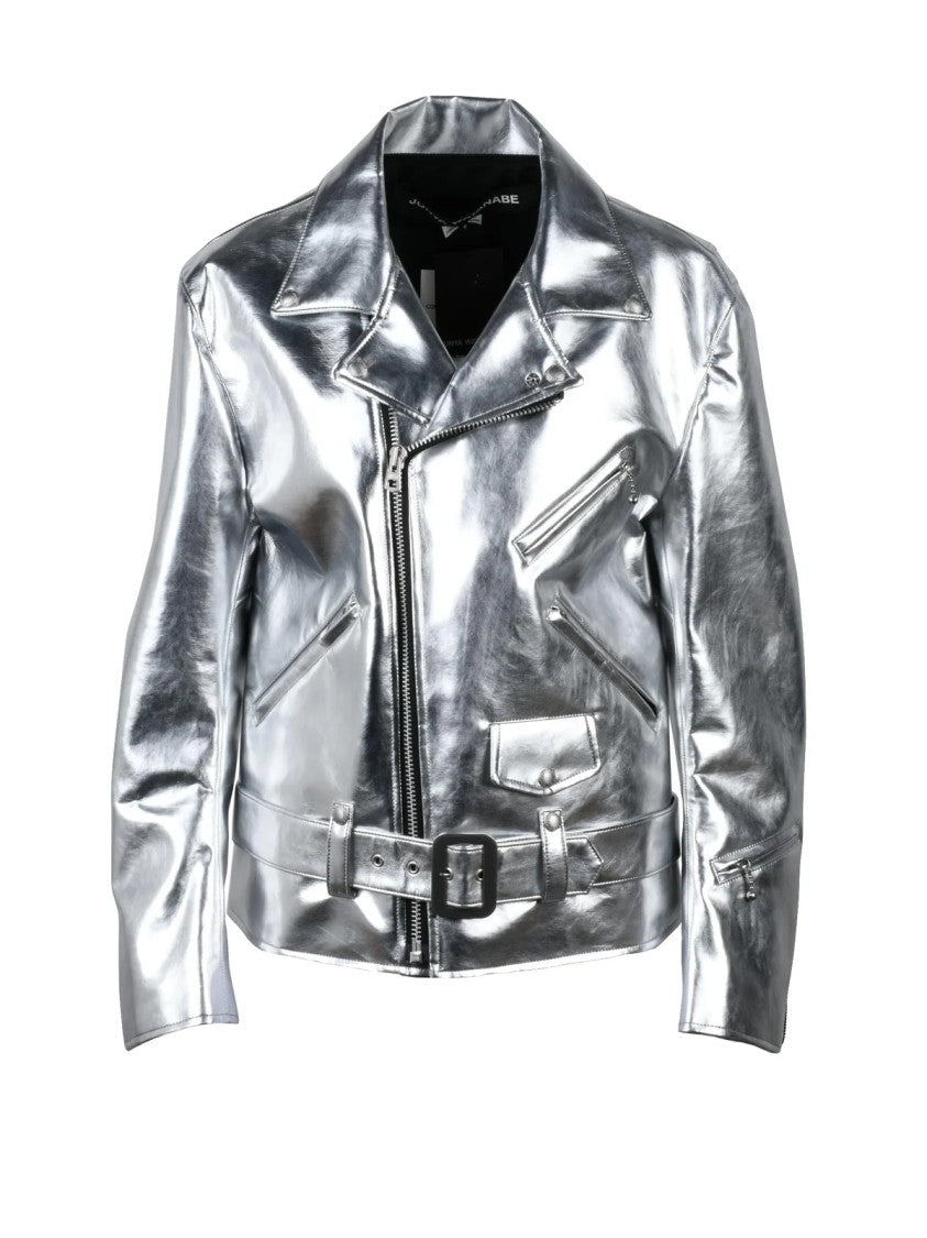 Junya Watanabe Silver Metallic Faux Leather Biker Jacket