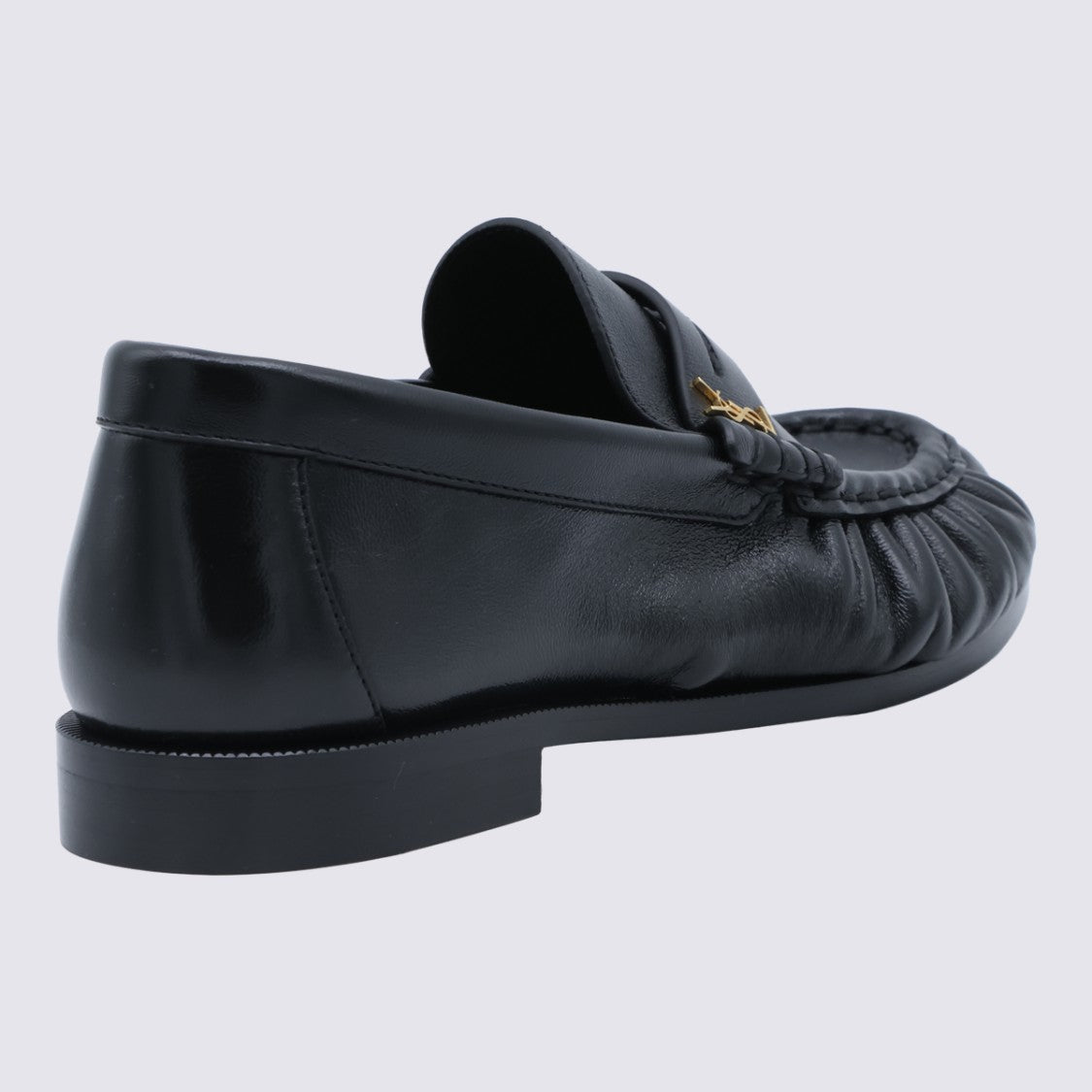 Saint Laurent Gathered Black Leather Flats With Gold-Tone Logo Detail