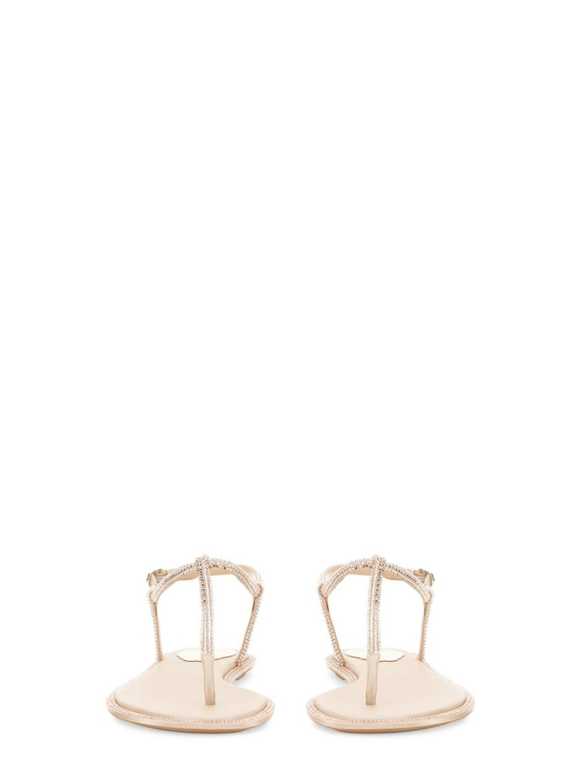 René Caovilla Diana T-Strap Embellished Flat Leather Sandals