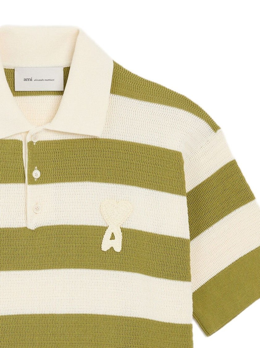Ami Paris White Cream Striped Logo Detail Polo