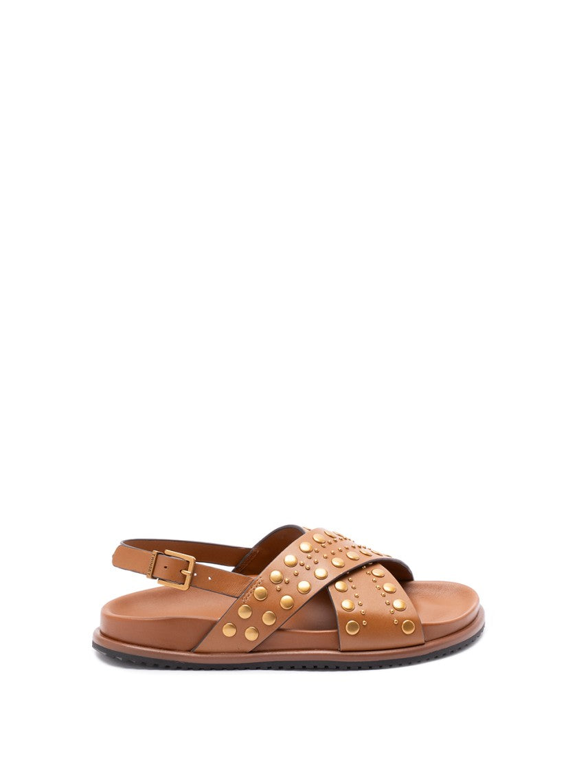 Twin-Set Cross-Strap Leather Sandals With Metallic Stud Accents