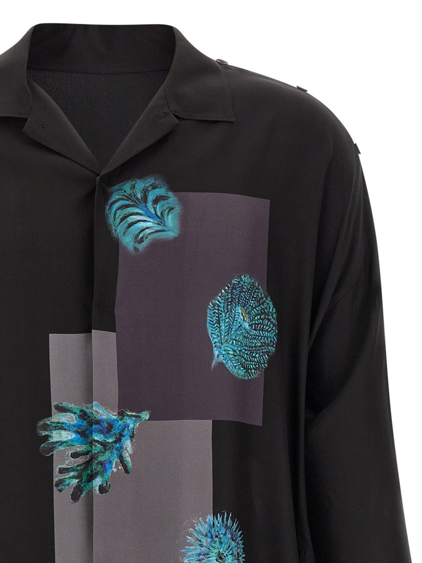 Yohji Yamamoto Marine Motif Satin Silk Shirt With Snap Button Closure