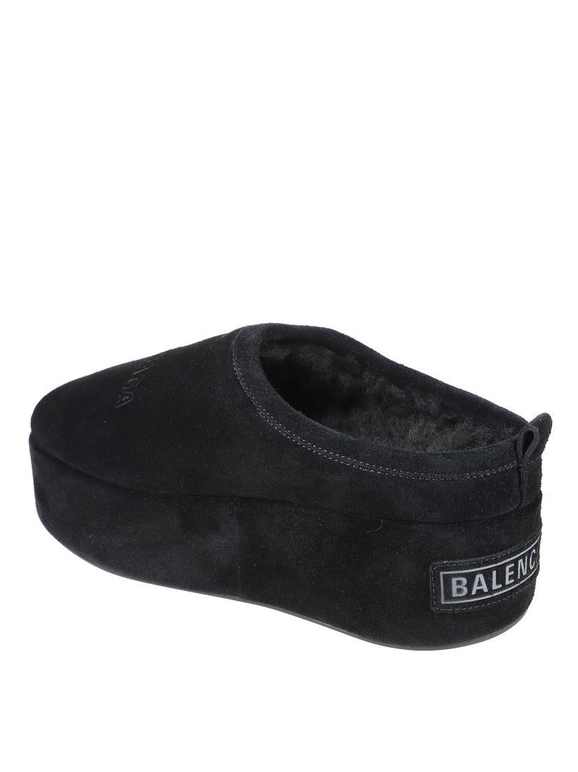 Balenciaga Suede Mules With Rounded Toe And Elevated Platform Sole