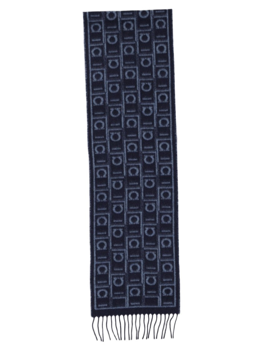 Ferragamo Blue Geometric Fringed Cashmere Wool-Blend Scarf