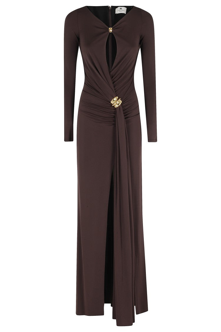 Elisabetta Franchi Brown Long V-Neck Side-Jewel Viscose Evening Dress