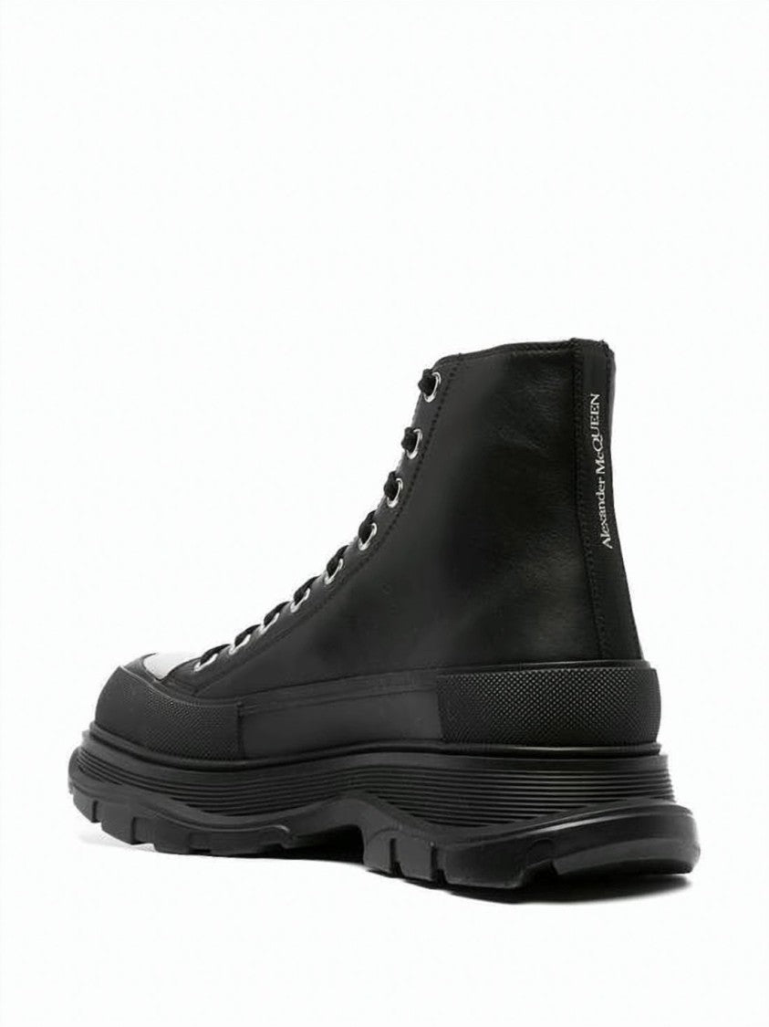 Alexander Mcqueen High-Top Rugged Leather Boots With Metallic Toe Cap