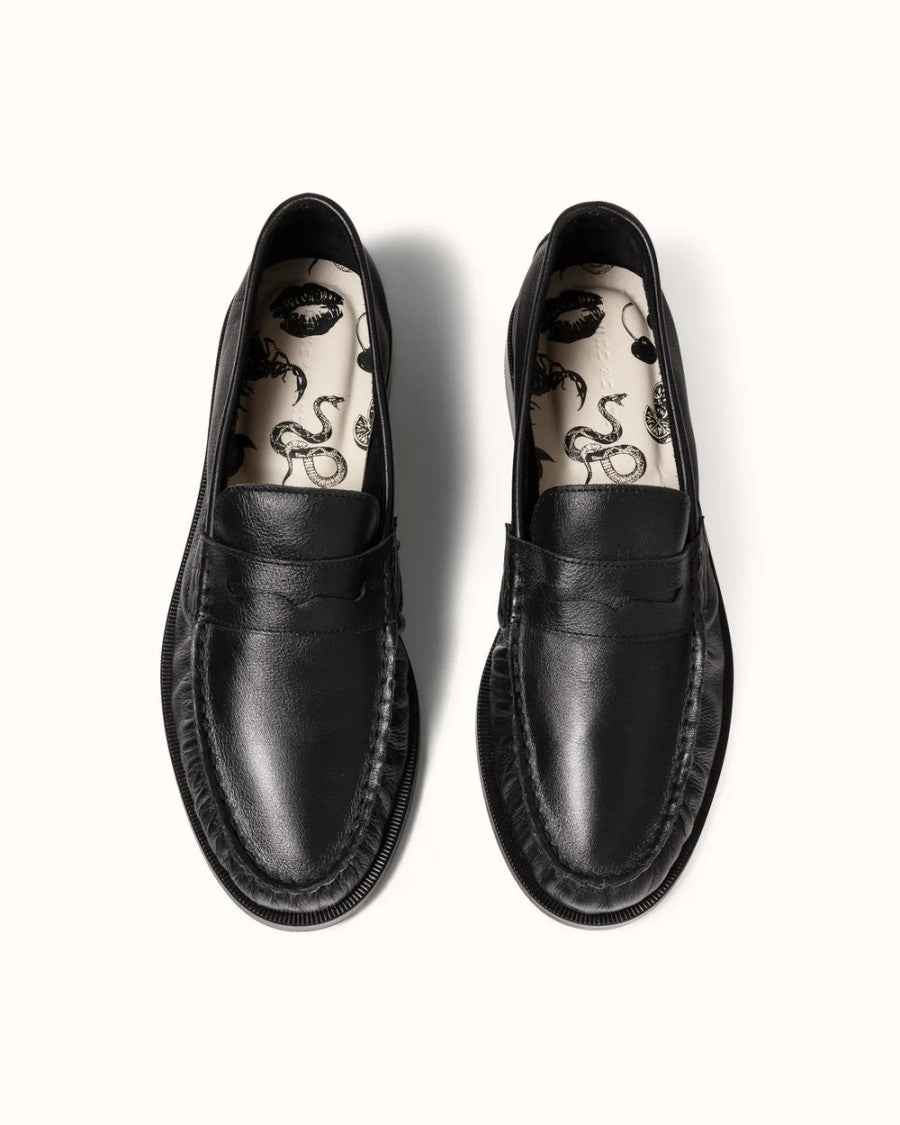 Duke + Dexter Black Hand-Stitched Ruched Nappa Leather Loafers
