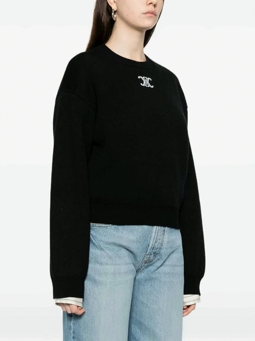 Celine Relaxed Fit Cropped Sweater With Embroidered Logo