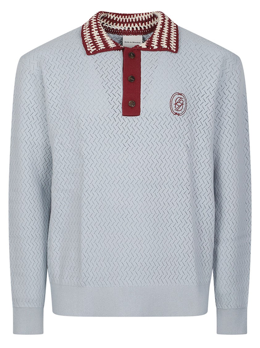 Drôle De Monsieur Embroidered Logo Openwork Knit Long-Sleeve Cotton Polo Shirt
