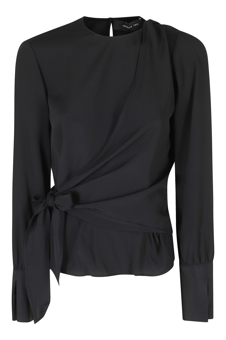 Federica Tosi Black One-Shoulder Removable Sleeve Acetate-Silk Blouse