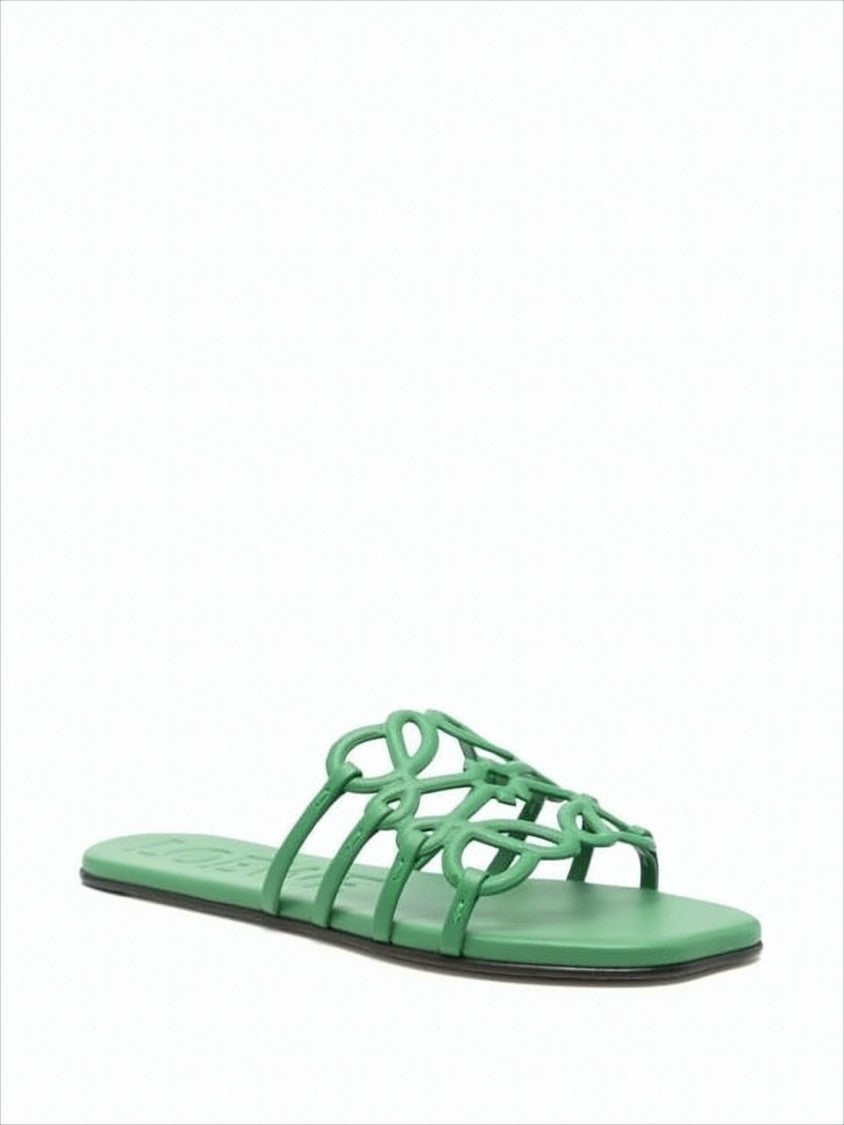 Loewe Intricate Loop Strap Green Calf Leather Slide Sandals