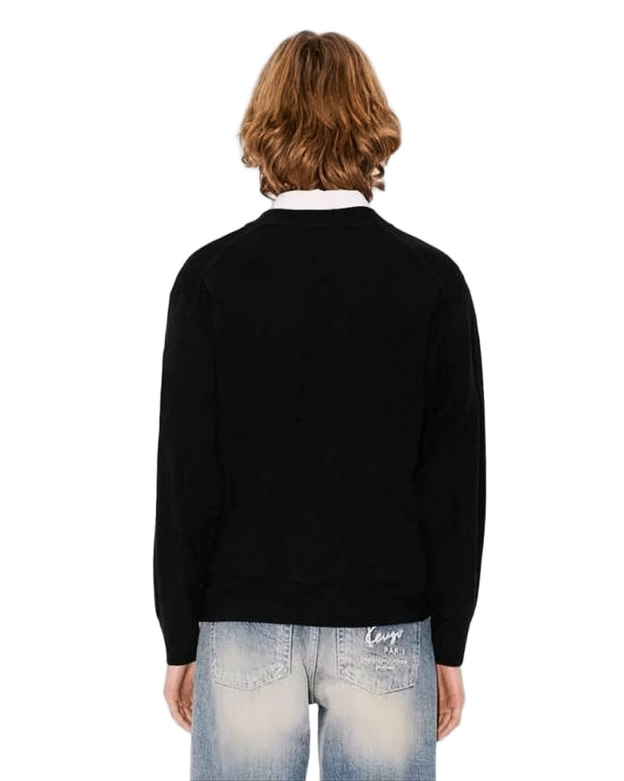 Kenzo V-Neck Black Cardigan With Floral Emblem