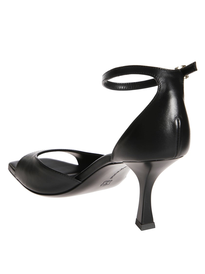 Sergio Levantesi Square-Toe Black Leather Sandals With Ankle Strap