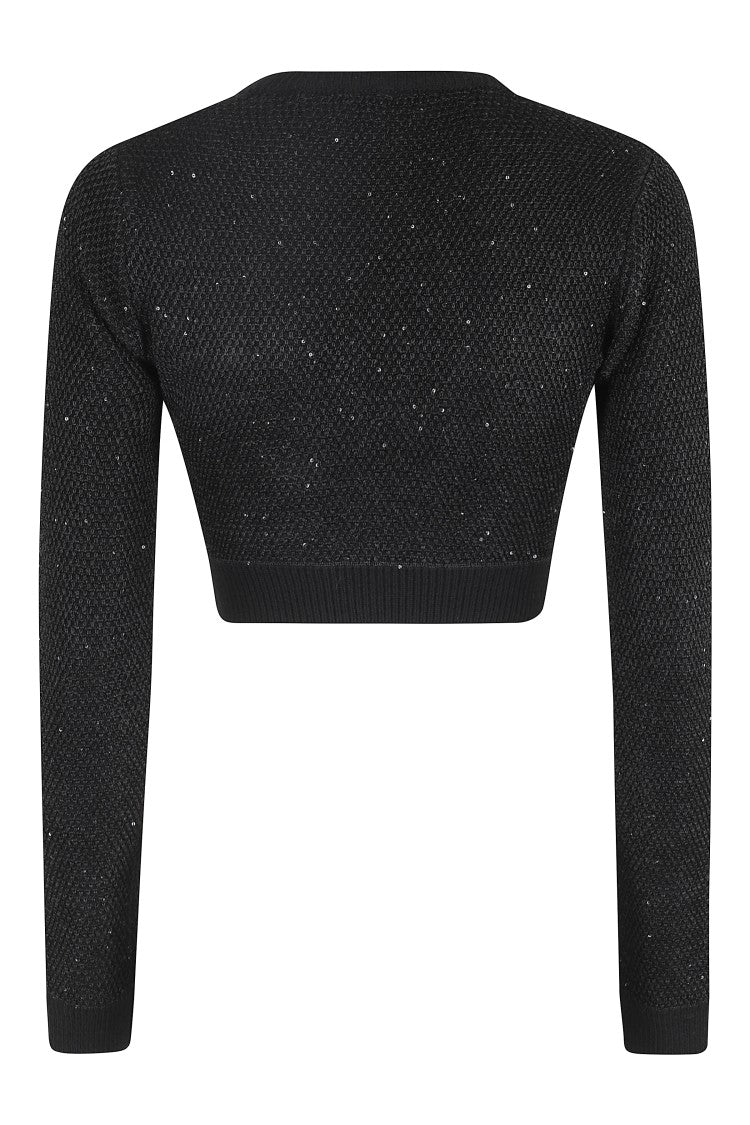 Elisabetta Franchi Textured Knit Cropped Sweater With Jewel-Button Pockets