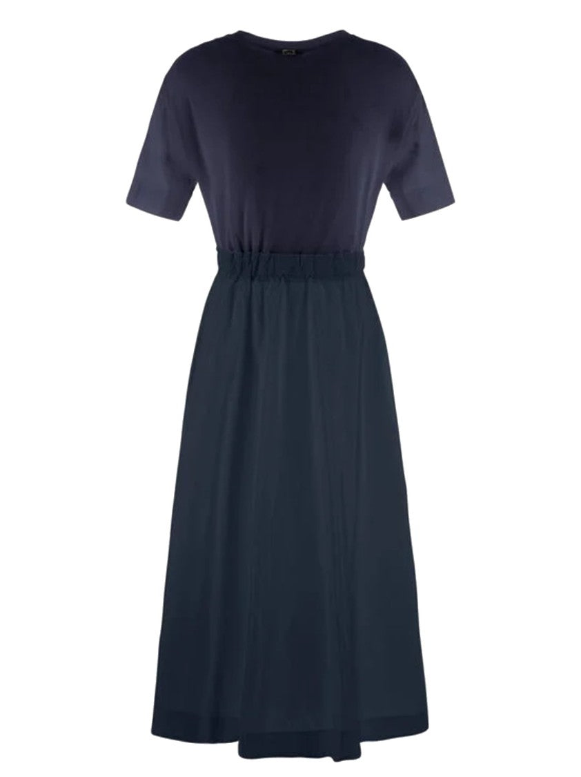 Herno Mid-Length Blue Dress With Ribbed Details And Taffeta Skirt