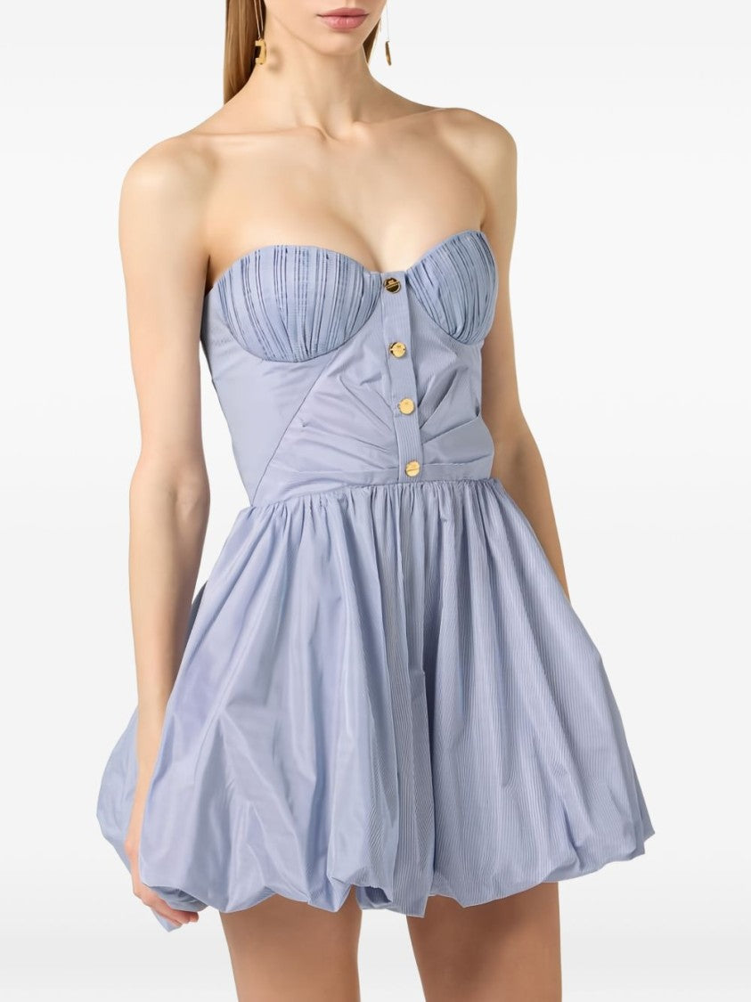 Elisabetta Franchi Oxford Blue Striped Dress With Pleated Skirt And Gold-Tone Accents