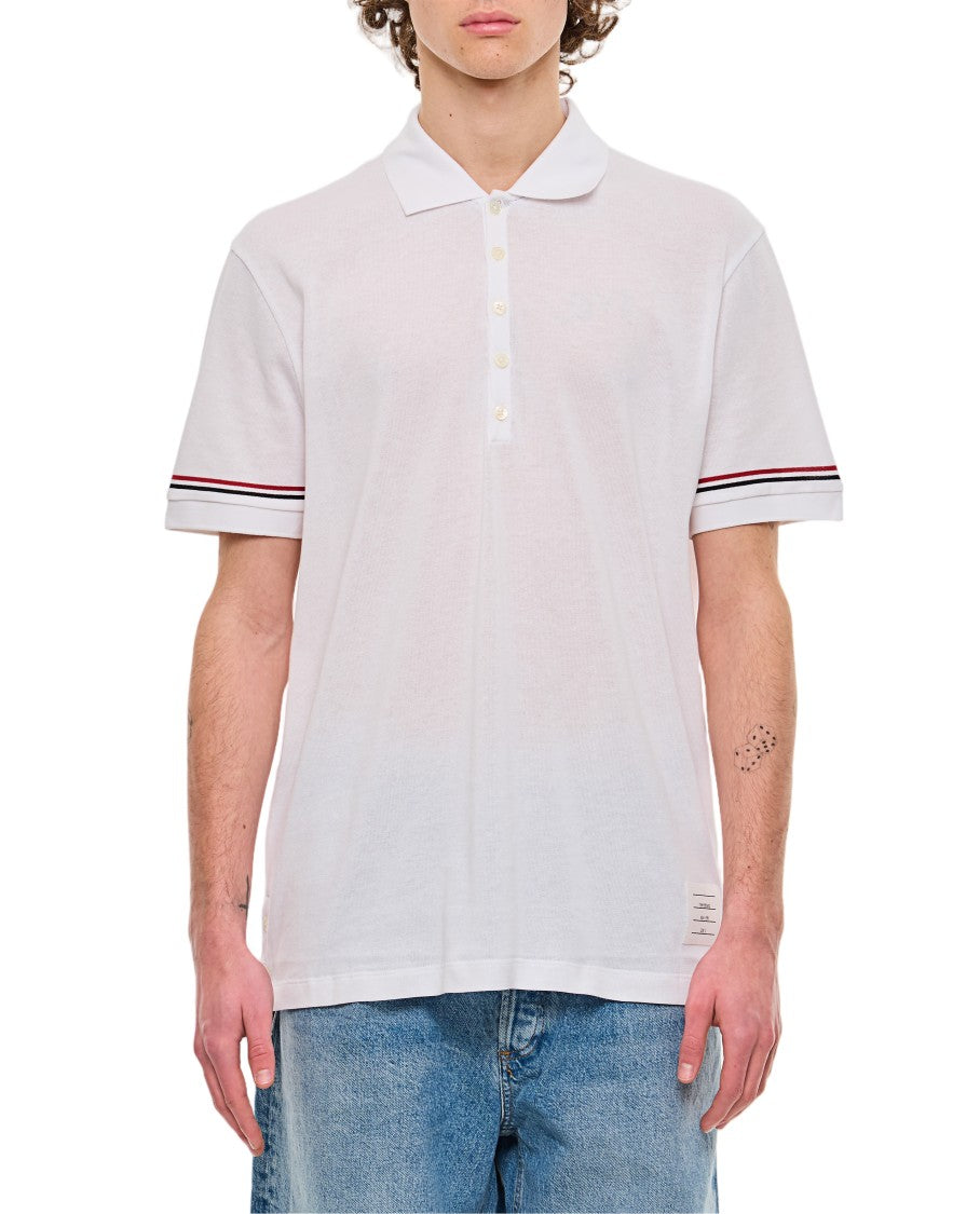 Thom Browne Ribbed Cuff Short Sleeve Polo Shirt With Button Closure
