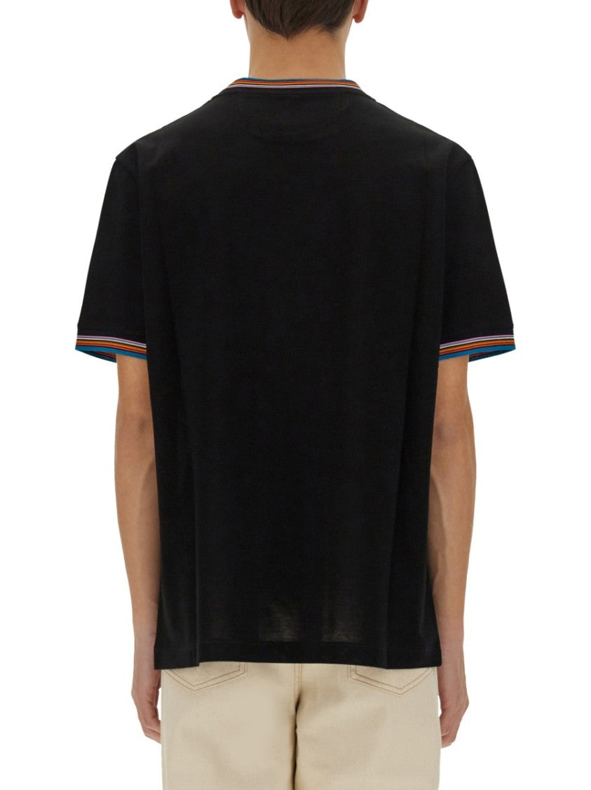 Paul Smith Black Cotton T-Shirt With Colorful Striped Detailing