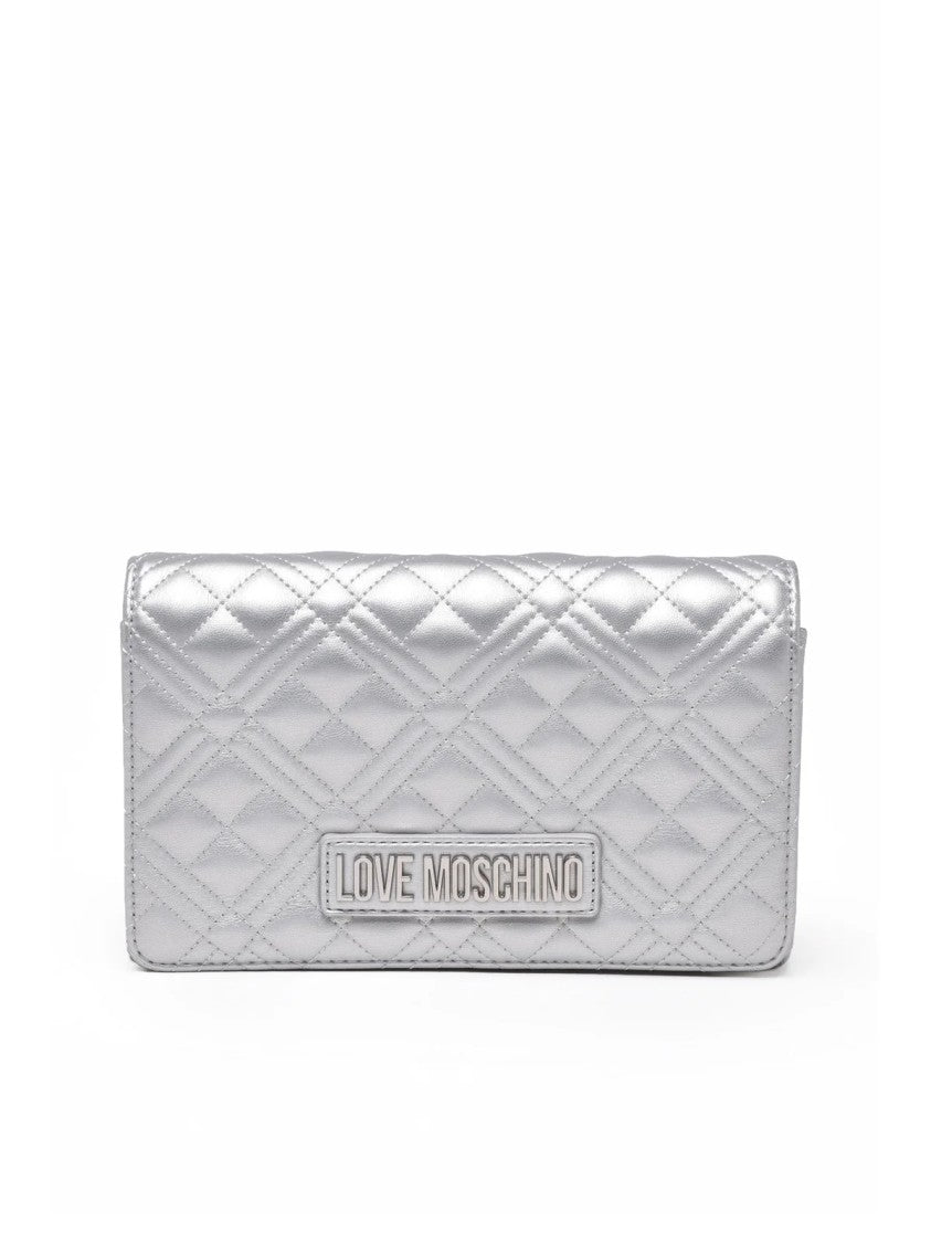 Love Moschino Silver Quilted Clip Closure Polyurethane Shoulder Bag
