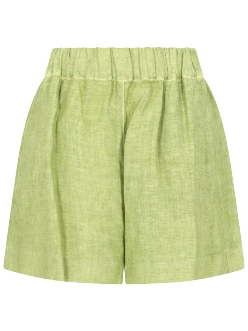 120% Lino Green Gathered Waist Linen Shorts