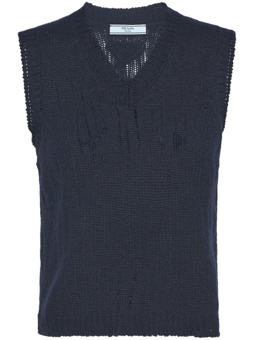Prada V-Neck Cashmere Vest With Ribbed Trim