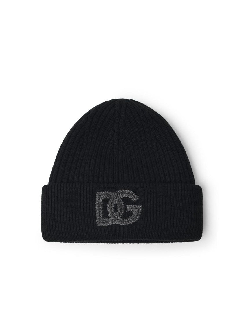 Dolce & Gabbana 'Dg' Logo Beanie In Black Virgin Wool