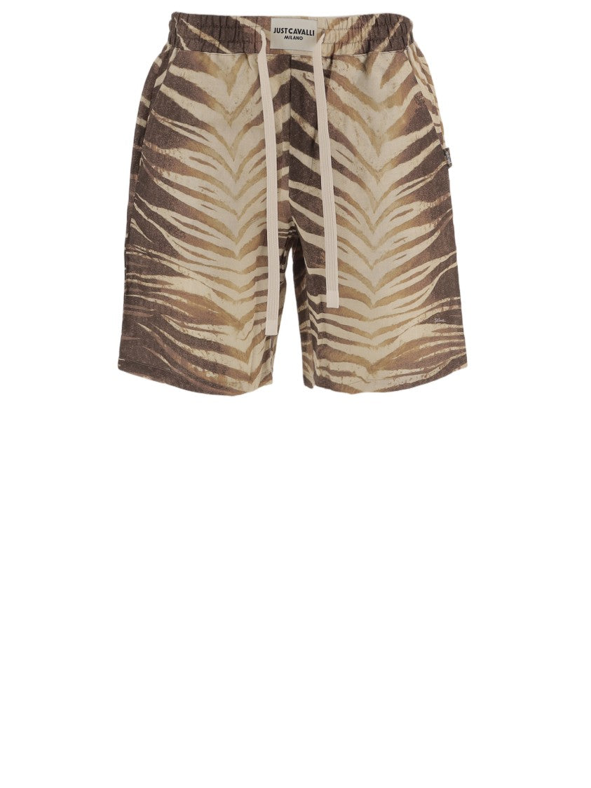 Just Cavalli Earthy-Toned Printed Cotton And Linen Shorts