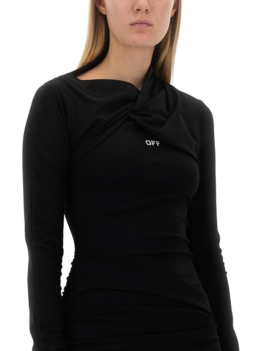 Off-White Draped Neckline Slim Fit Mini Dress