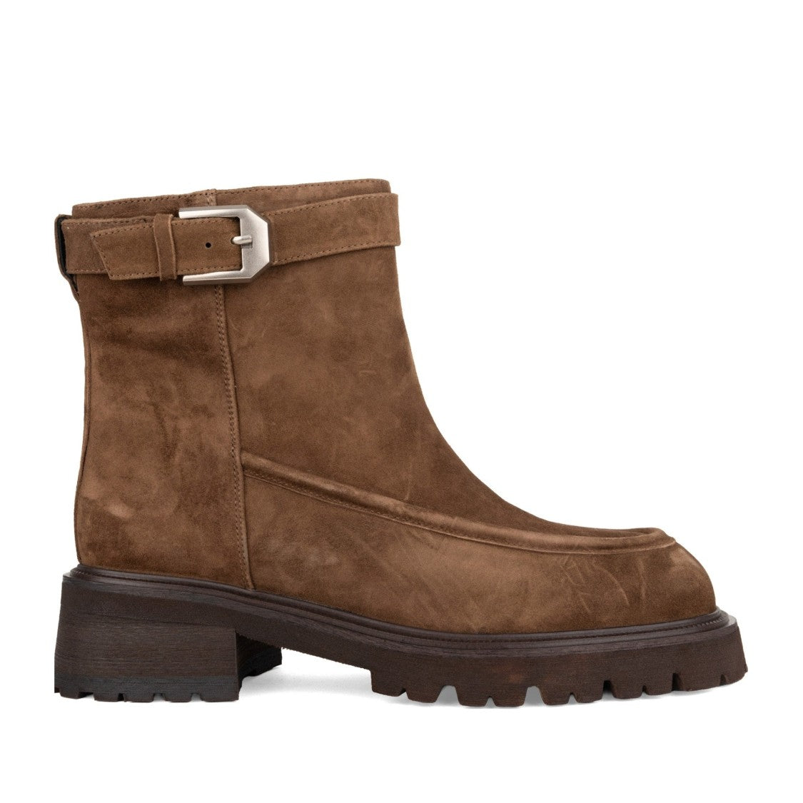 Linda Baumann Brown Decorative Buckle Chunky Sole Suede Boots