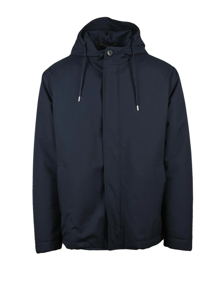 Slowear By Montedoro Minimalist Navy Blue Bomber Coat With Adjustable Hem