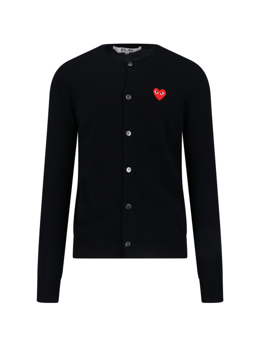 Comme Des Garçons Ribbed Contrast Logo Black Wool Cardigan