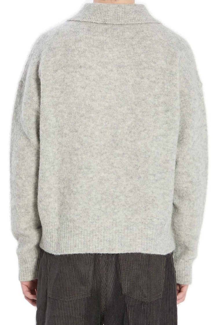 Ami Light Grey Knit Sweater With Polo Collar And Three-Button Placket