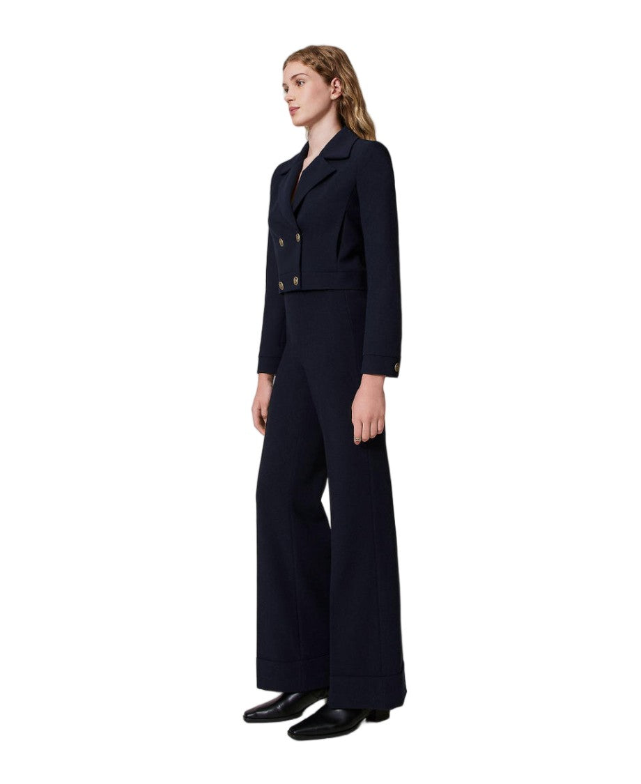 Twin-Set Classic Blue Cady Crêpe High-Waisted Tab-Detail Straight-Leg Pants