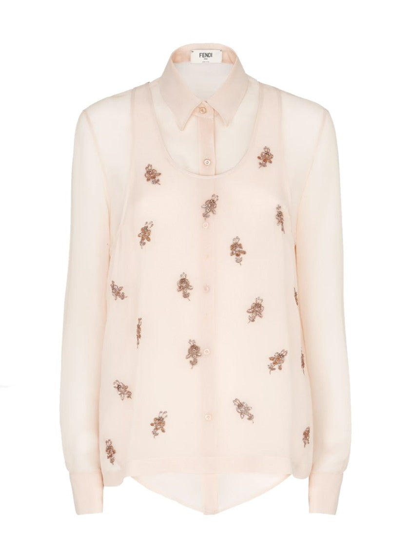 Fendi Embroidered Sheer Georgette Top With Classic Collar