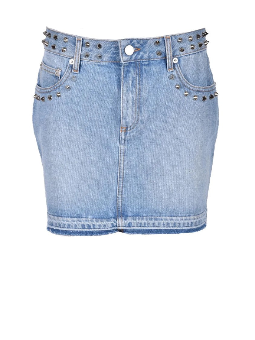 Alessandra Rich Light Blue Studded Cotton Denim Mini Skirt