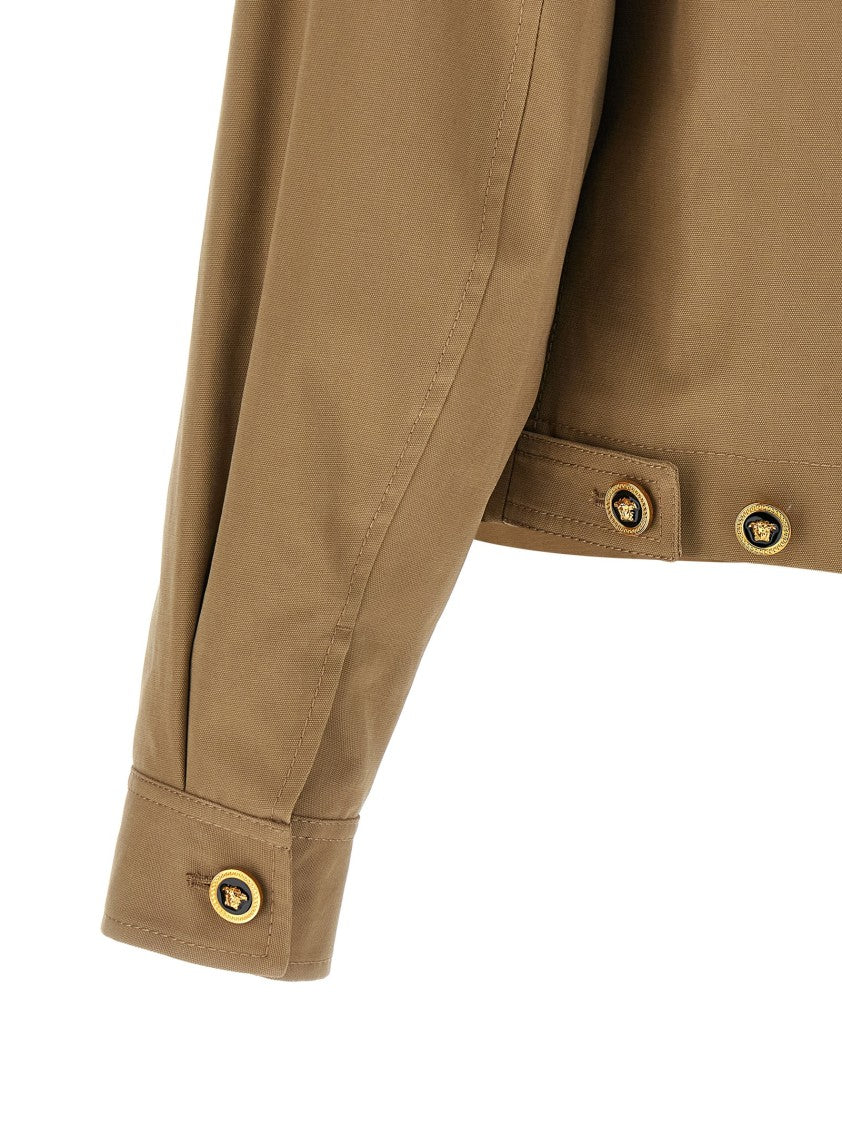 Versace Canvas Jacket With Leather-Covered Collar And Zipped Pocket