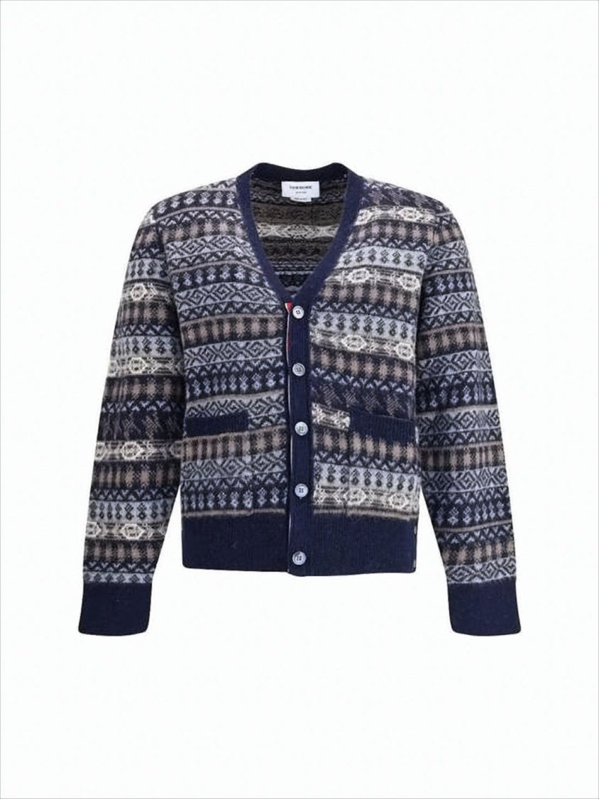 Thom Browne Multi-Patterned V-Neck Cardigan With Button-Down Front