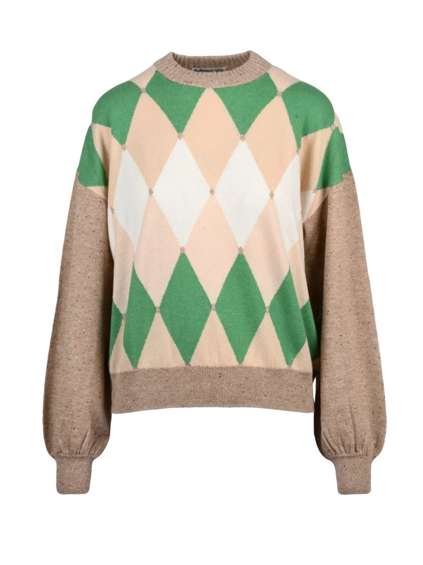 Ballantyne Crew Neck Cashmere Pullover With Puff Sleeves And Argyle Pattern
