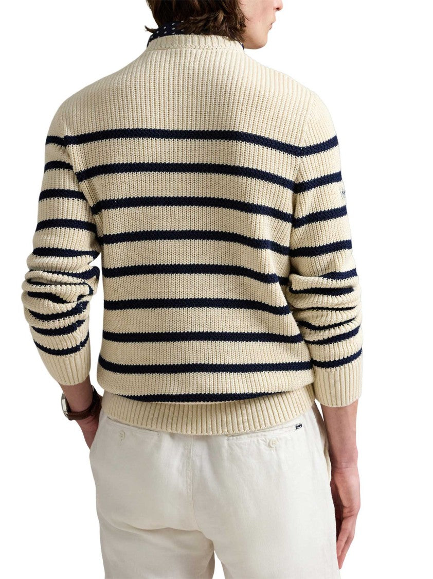 Polo Ralph Lauren Cream Striped Crewneck Sweater With Shoulder Buttons