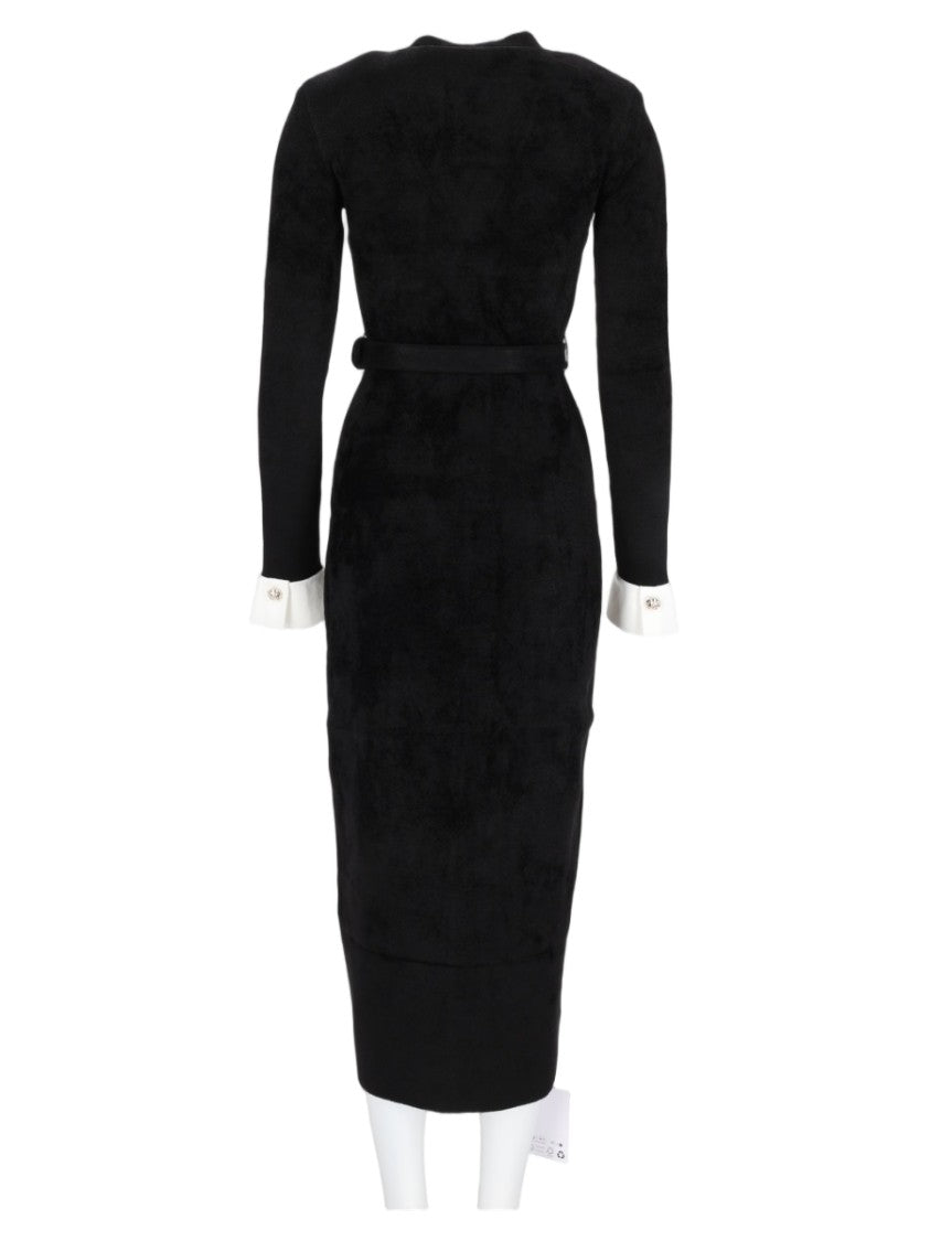 Self-Portrait Black Embellished Button Belted Viscose-Blend Midi Dress