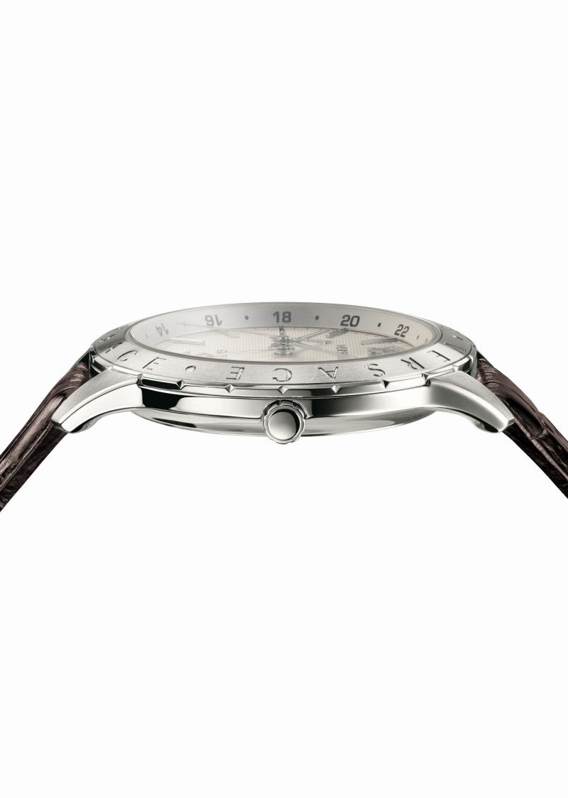 Versace Quartz 43Mm Stainless Steel Watch With Brown Leather Strap
