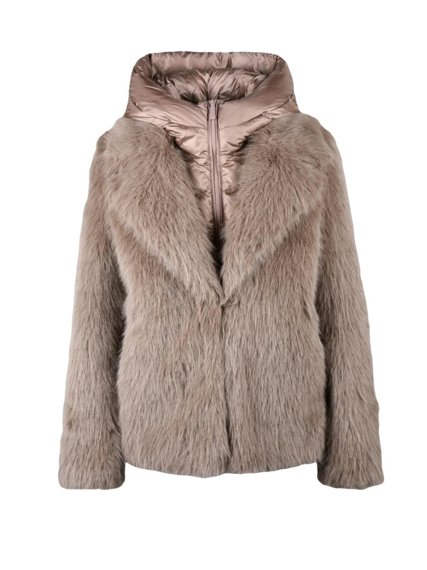 Bomboogie Taupe Quilted Short Polyester Faux Fur Jacket