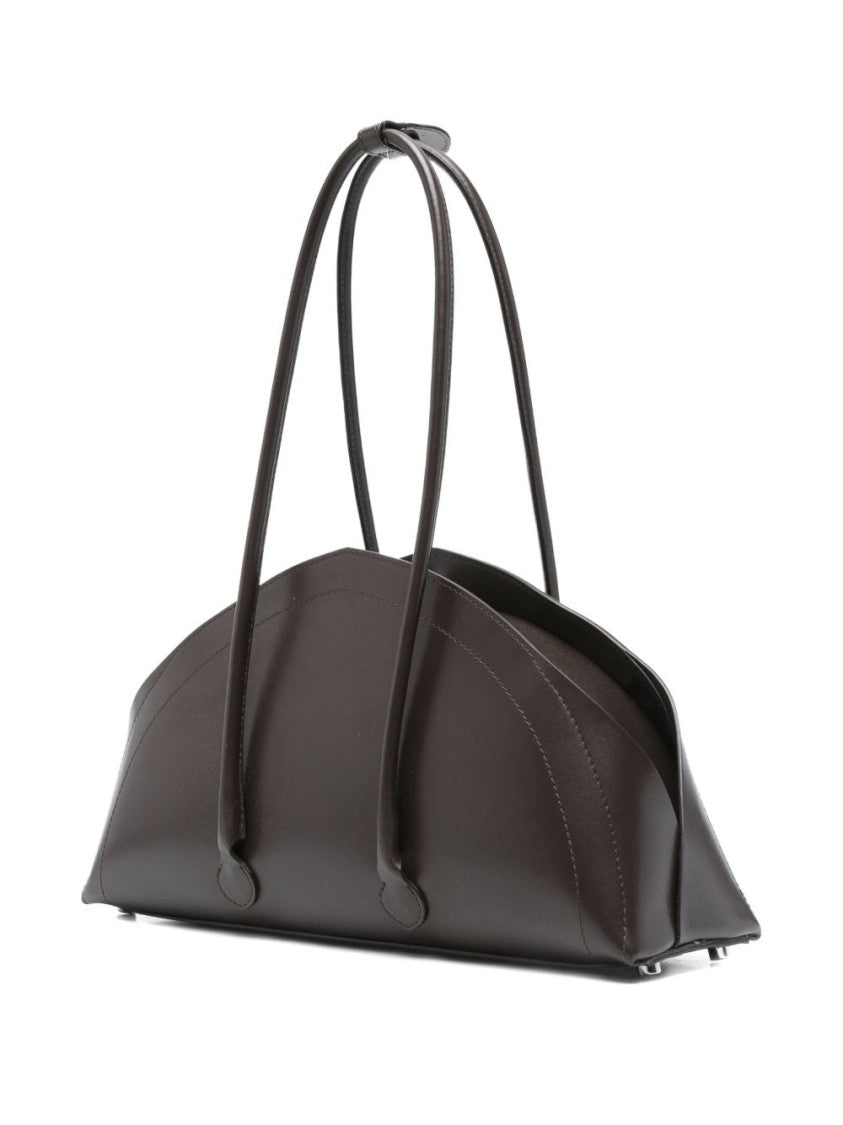 Federico Cina Curved Brown Leather Handbag With Elongated Handles