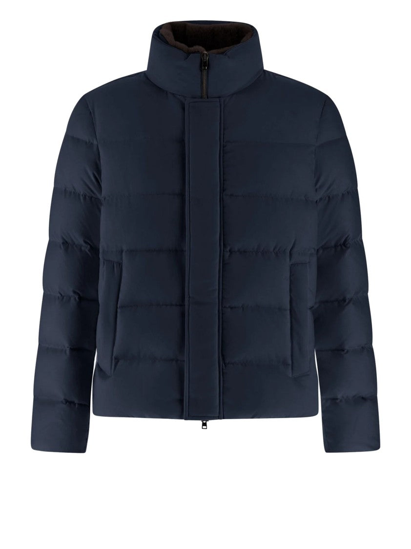 Herno Quilted Bomber Jacket With Faux Fur Collar And Silver Logo