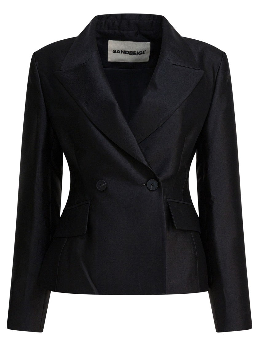 Sandbeige Double-Breasted Wool-Silk Blend Tailored Jacket