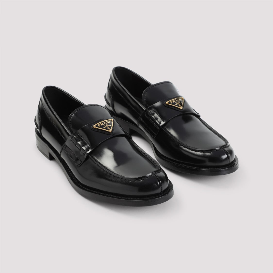 Prada Brushed Black Calf Leather Loafers With Enameled Logo