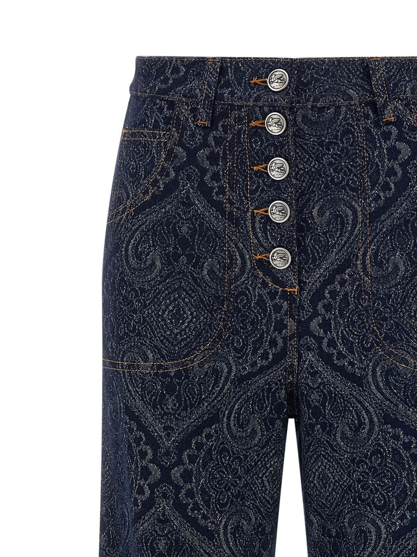Etro Abstract Jacquard Denim Jeans With Flared Leg