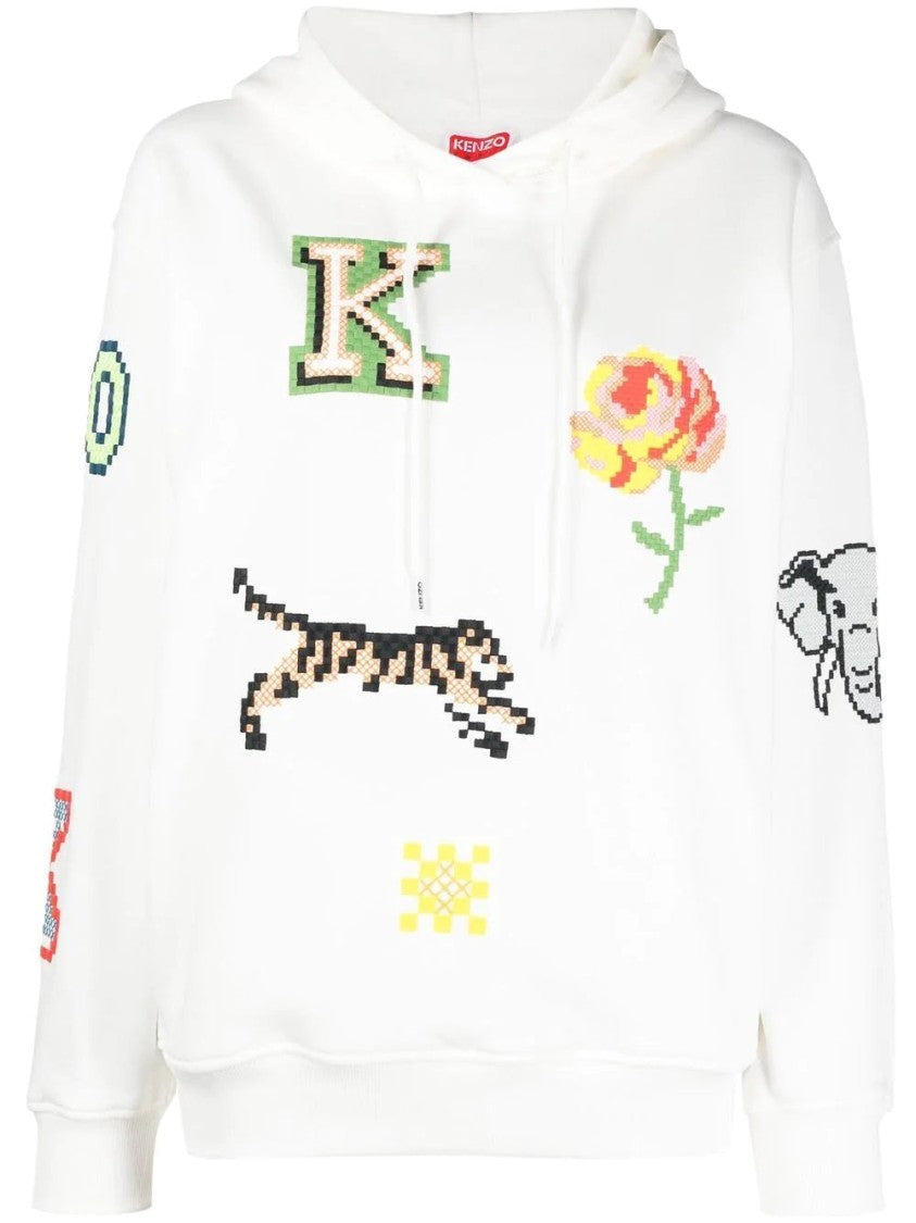Kenzo White Relaxed-Fit Hoodie With Colorful Embroidered Patches